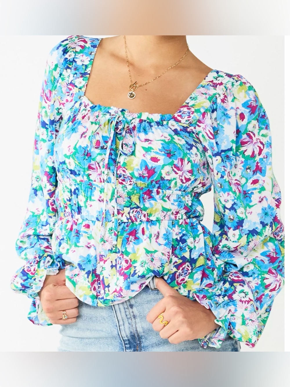 SO Blue Multi Floral Square-Neck Peasant Blouse